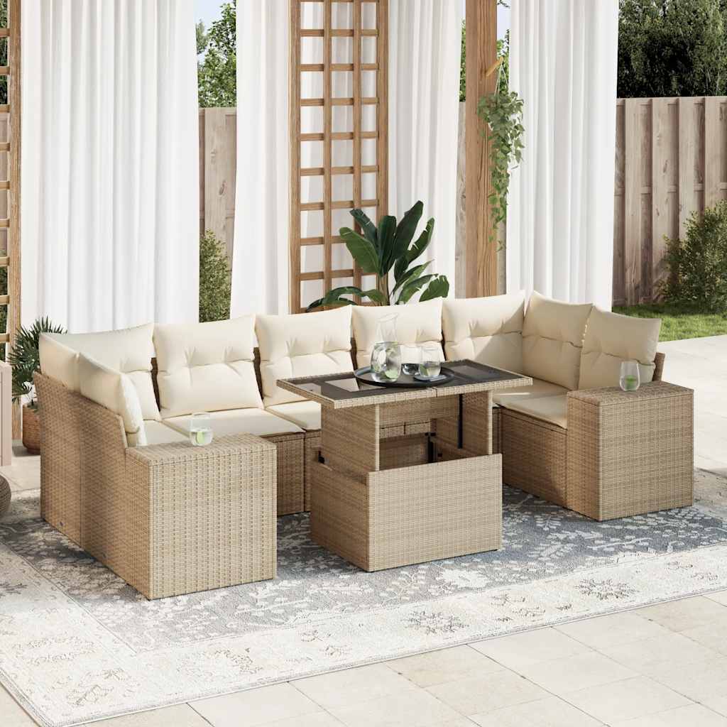 8-tlg. Garten-Sofagarnitur mit Kissen Schwarz Poly Rattan