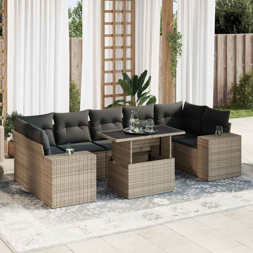 8-tlg. Garten-Sofagarnitur mit Kissen Schwarz Poly Rattan