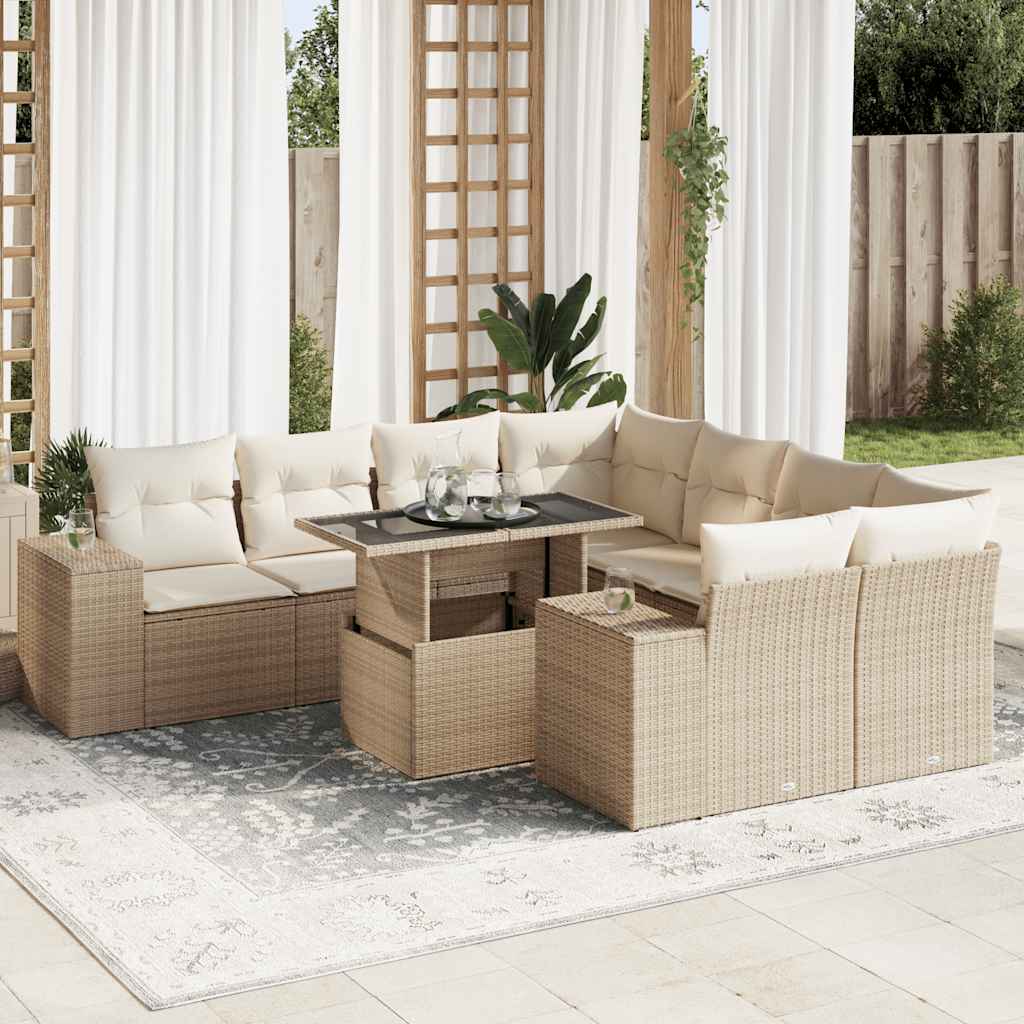 9-tlg. Garten-Sofagarnitur mit Kissen Schwarz Poly Rattan
