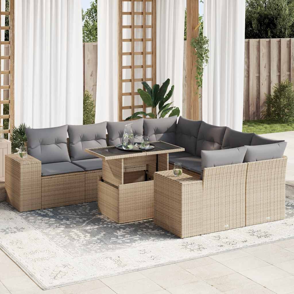 9-tlg. Garten-Sofagarnitur mit Kissen Schwarz Poly Rattan