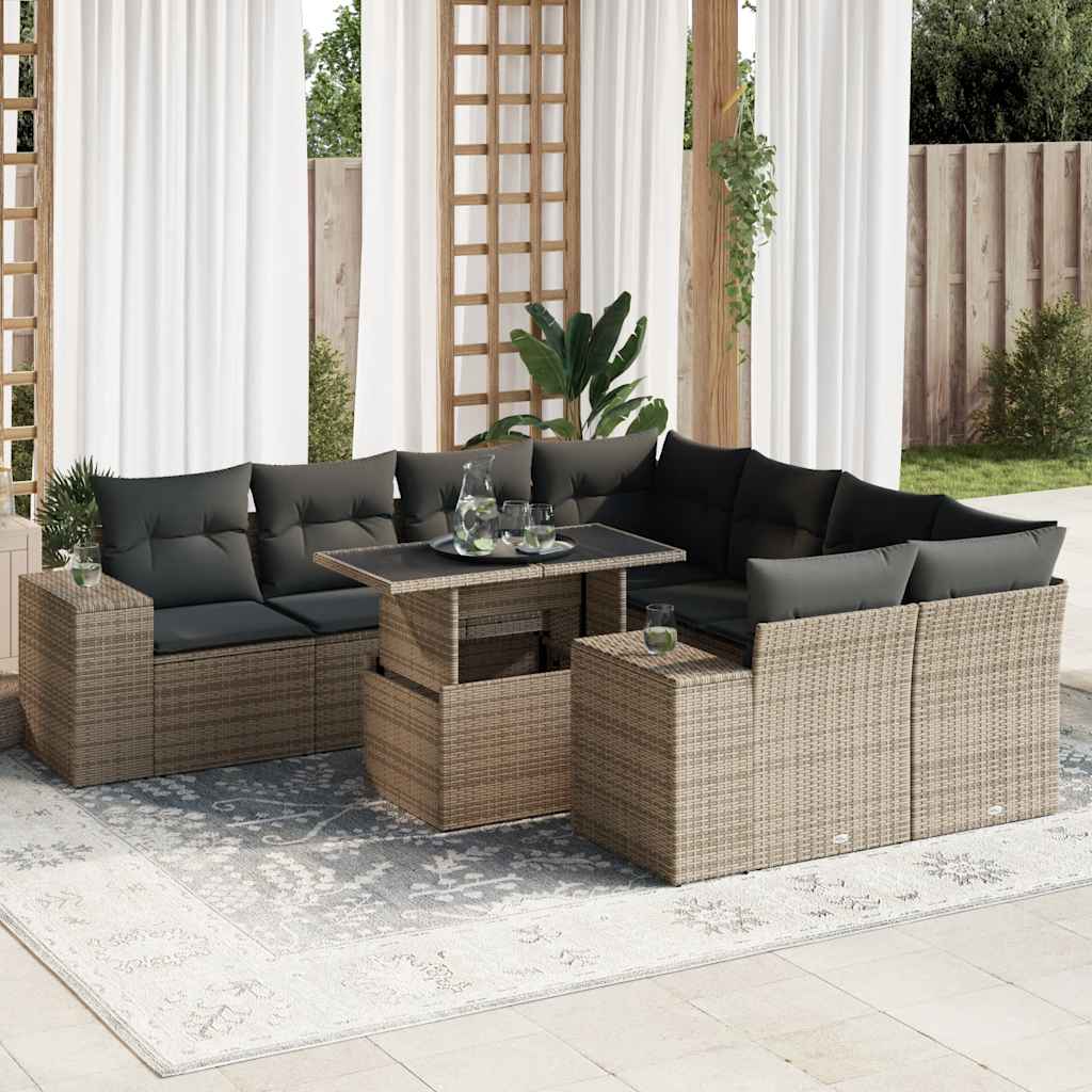 9-tlg. Garten-Sofagarnitur mit Kissen Schwarz Poly Rattan