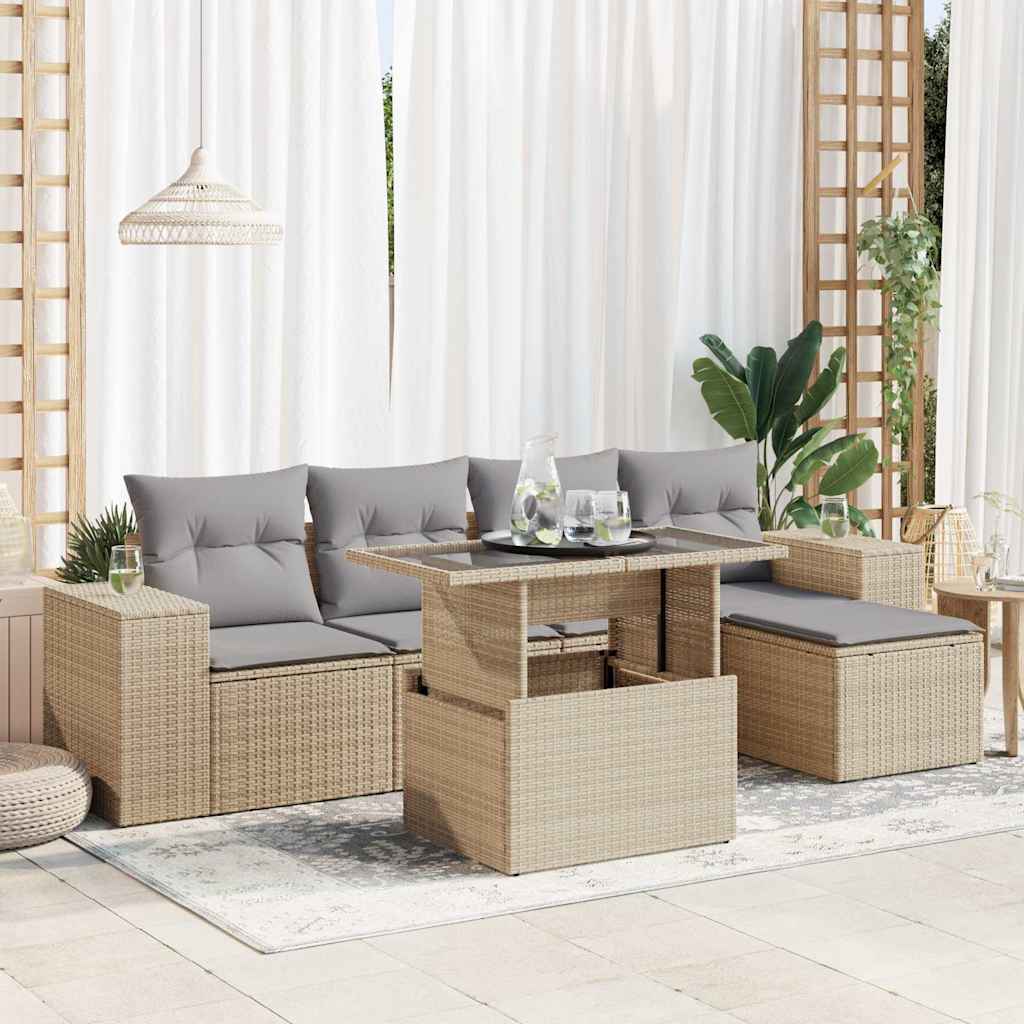 6-tlg. Garten-Sofagarnitur mit Kissen Schwarz Poly Rattan