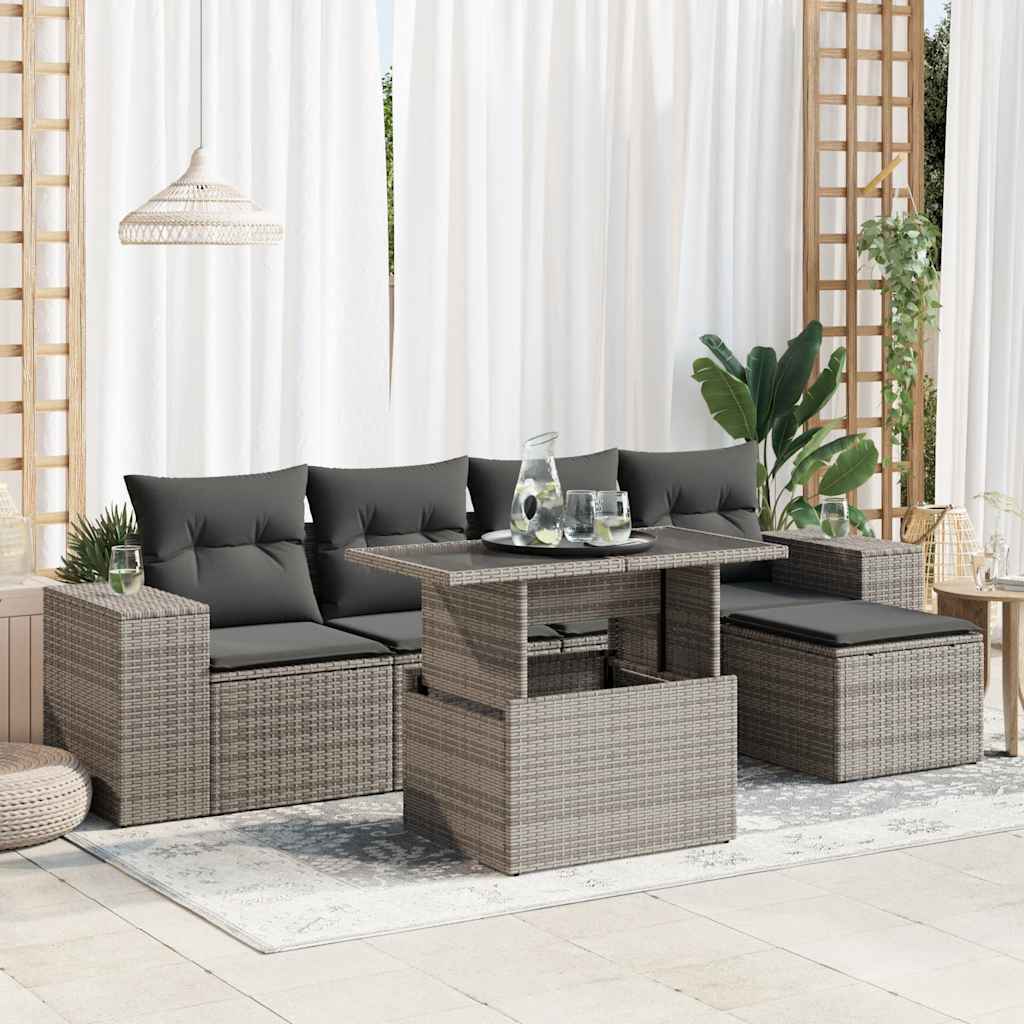 6-tlg. Garten-Sofagarnitur mit Kissen Schwarz Poly Rattan