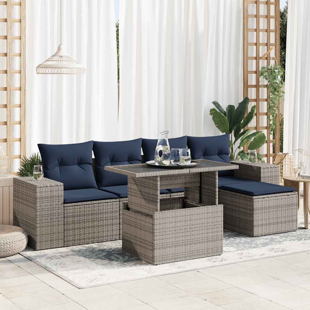 6-teiliges Gartensofa-Set mit Kissen, schwarzes Polyrattan