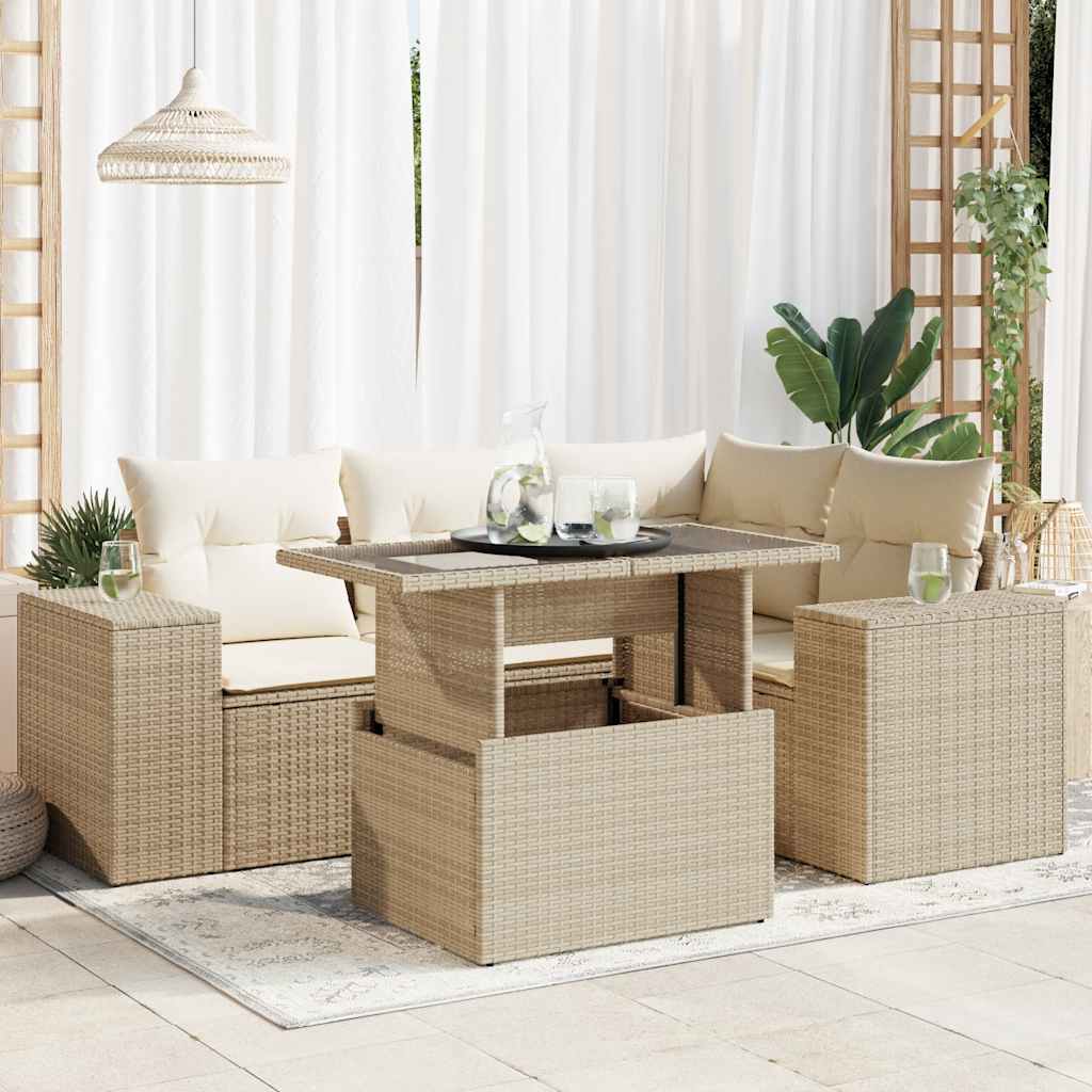 5-tlg. Garten-Sofagarnitur mit Kissen Schwarz Poly Rattan