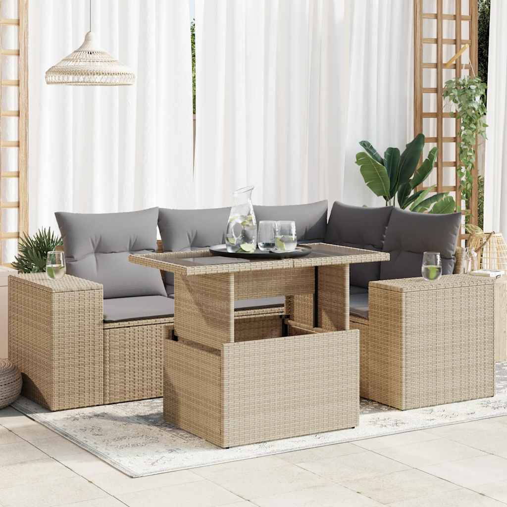 5-tlg. Garten-Sofagarnitur mit Kissen Schwarz Poly Rattan