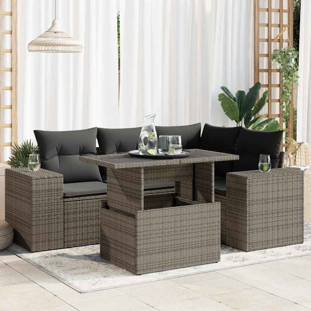 5-tlg. Garten-Sofagarnitur mit Kissen Schwarz Poly Rattan