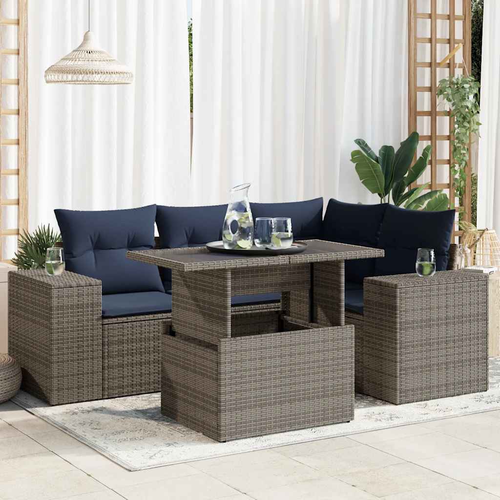 5-teiliges Gartensofa-Set mit Kissen, schwarzes Polyrattan
