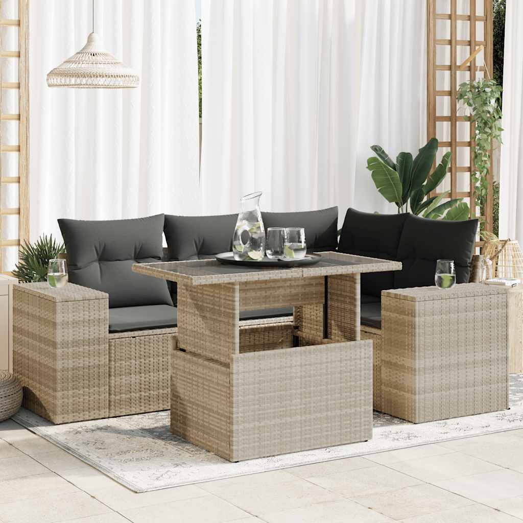 5-tlg. Garten-Sofagarnitur mit Kissen Schwarz Poly Rattan