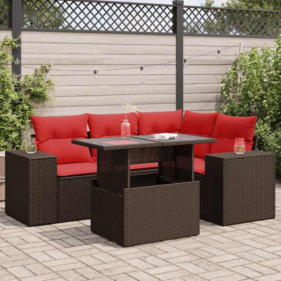 5-teiliges Gartensofa-Set mit Kissen, schwarzes Polyrattan