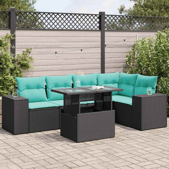 6-teiliges Gartensofa-Set mit Kissen, schwarzes Polyrattan