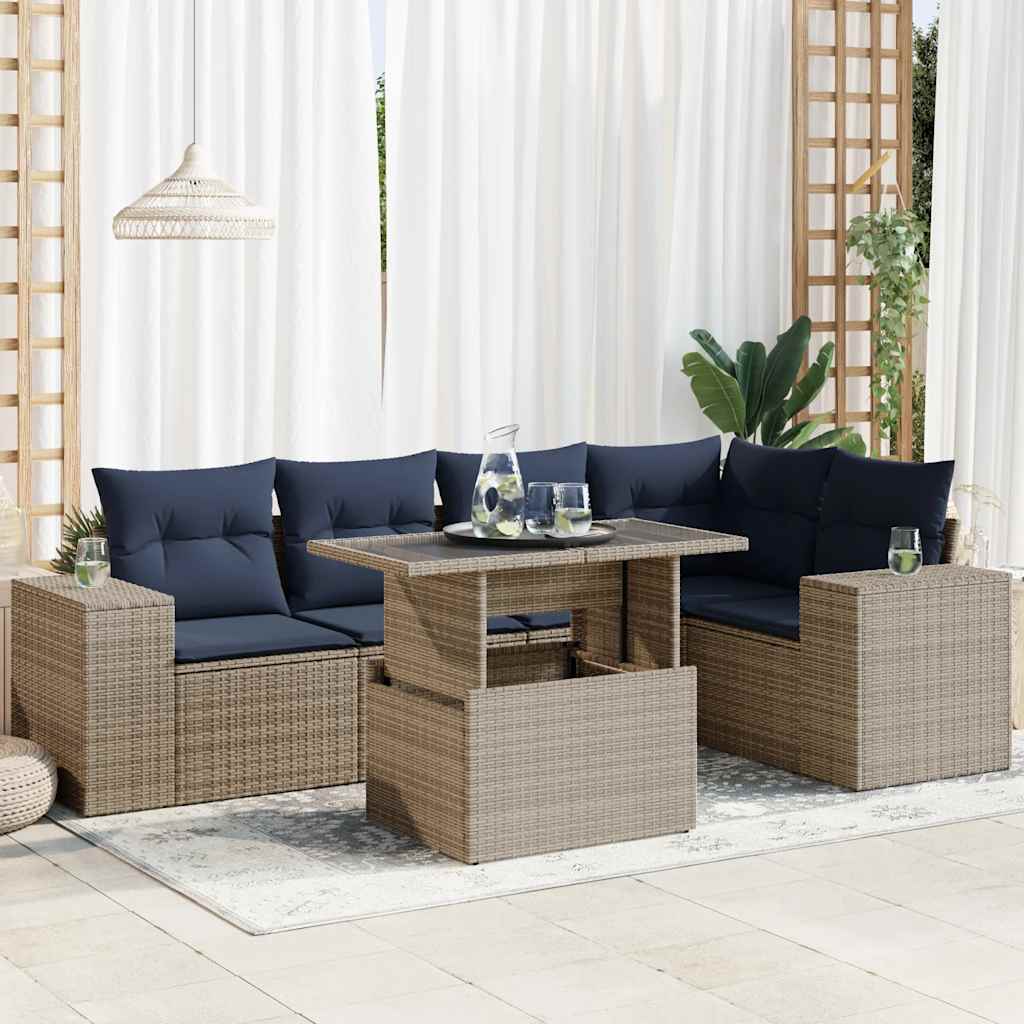 6-teiliges Gartensofa-Set mit Kissen, schwarzes Polyrattan
