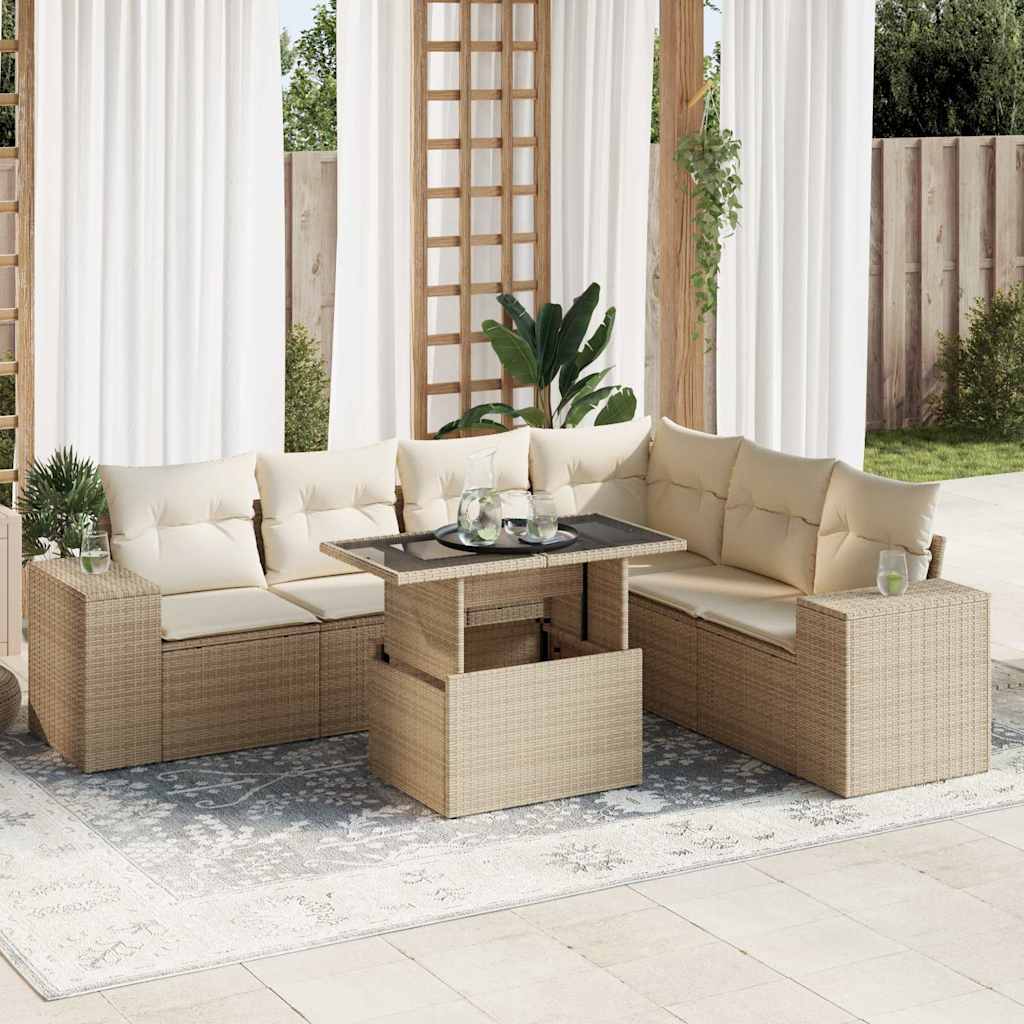 7-tlg. Garten-Sofagarnitur mit Kissen Schwarz Poly Rattan