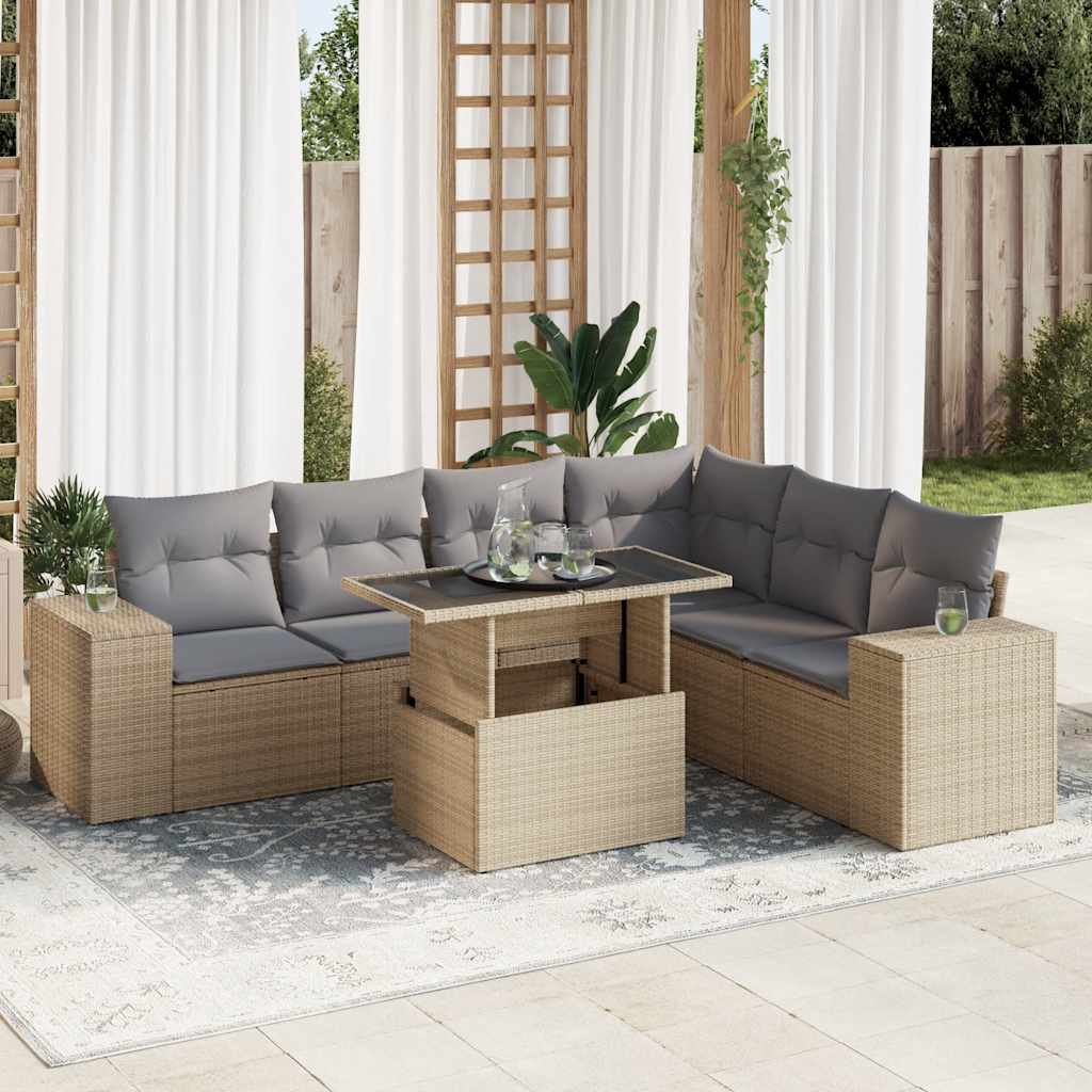 7-tlg. Garten-Sofagarnitur mit Kissen Schwarz Poly Rattan