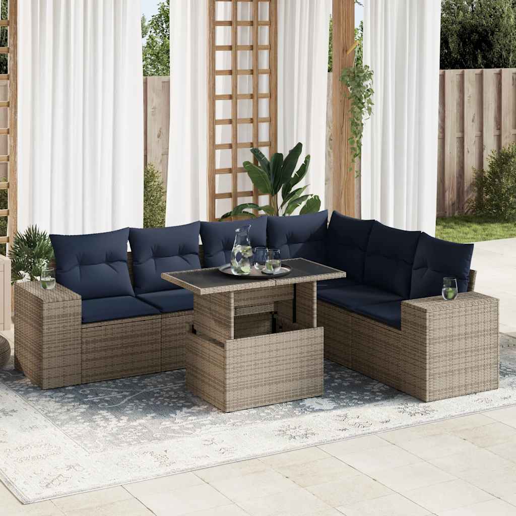7-teiliges Gartensofa-Set mit Kissen, schwarzes Polyrattan