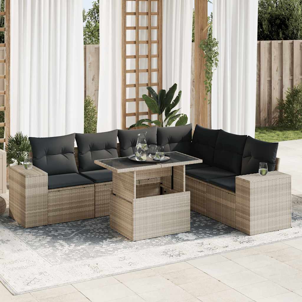 7-tlg. Garten-Sofagarnitur mit Kissen Schwarz Poly Rattan