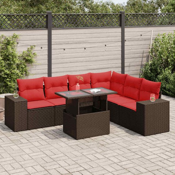 7-teiliges Gartensofa-Set mit Kissen, schwarzes Polyrattan