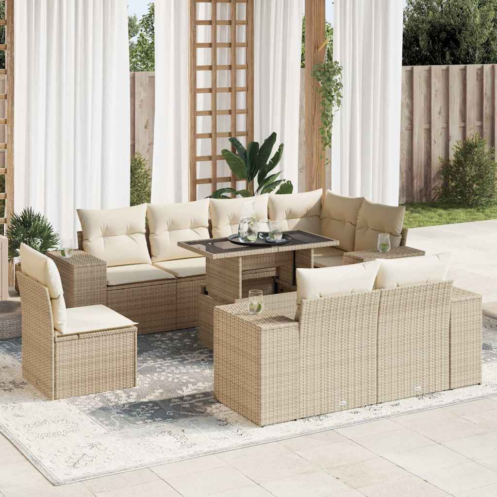 9-tlg. Garten-Sofagarnitur mit Kissen Schwarz Poly Rattan
