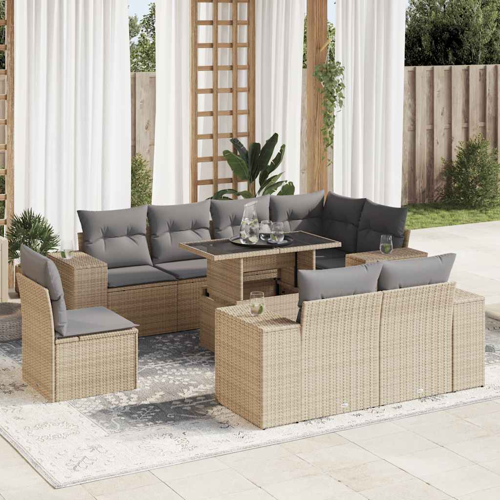 9-tlg. Garten-Sofagarnitur mit Kissen Schwarz Poly Rattan
