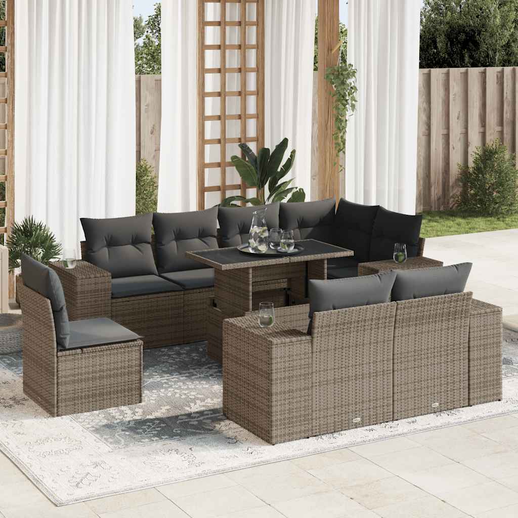 9-tlg. Garten-Sofagarnitur mit Kissen Schwarz Poly Rattan