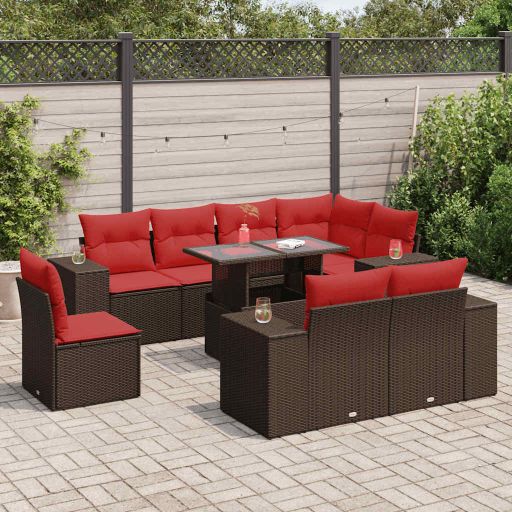 9-teiliges Gartensofa-Set mit Kissen, schwarzes Polyrattan