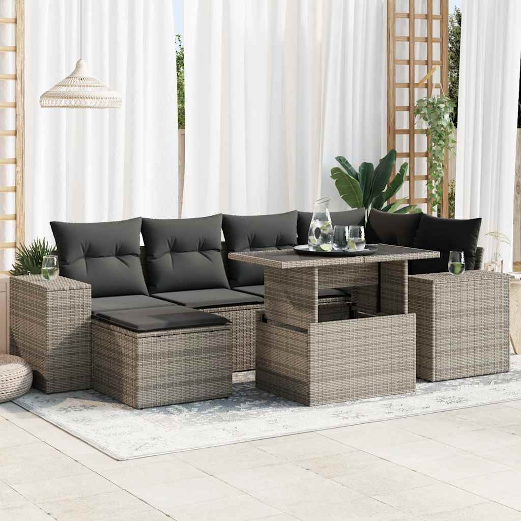7-tlg. Garten-Sofagarnitur mit Kissen Schwarz Poly Rattan