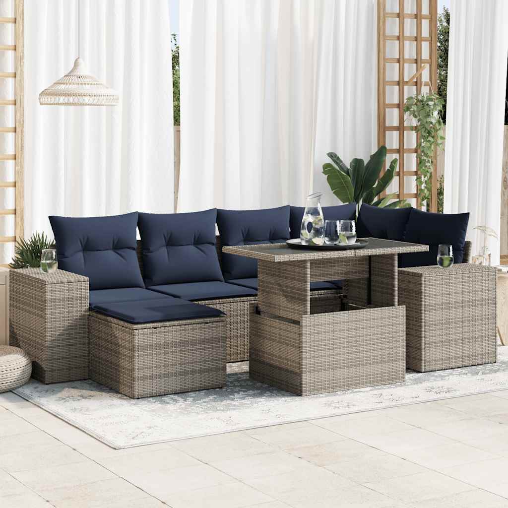 7-teiliges Gartensofa-Set mit Kissen, schwarzes Polyrattan