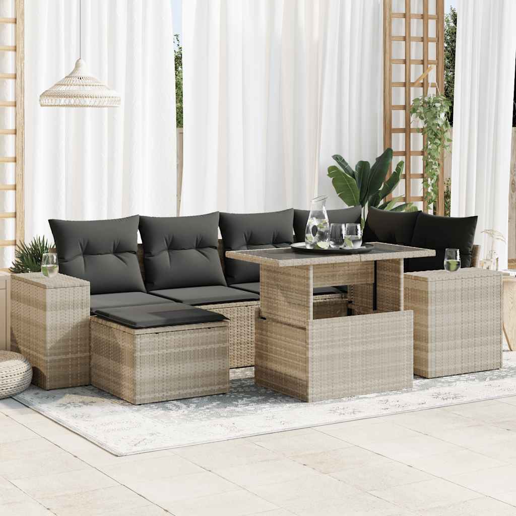 7-tlg. Garten-Sofagarnitur mit Kissen Schwarz Poly Rattan