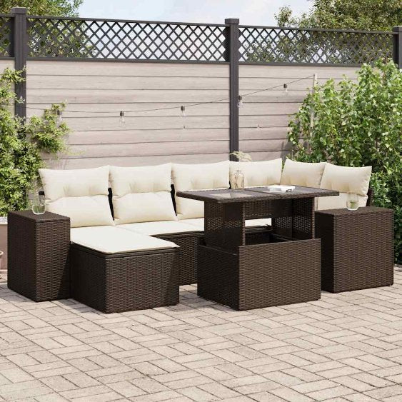 7-tlg. Garten-Sofagarnitur mit Kissen Schwarz Poly Rattan