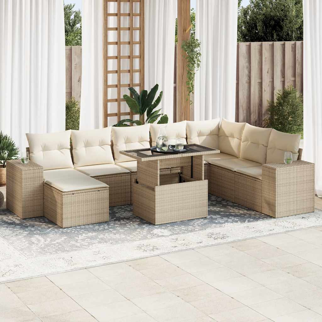 9-tlg. Garten-Sofagarnitur mit Kissen Schwarz Poly Rattan