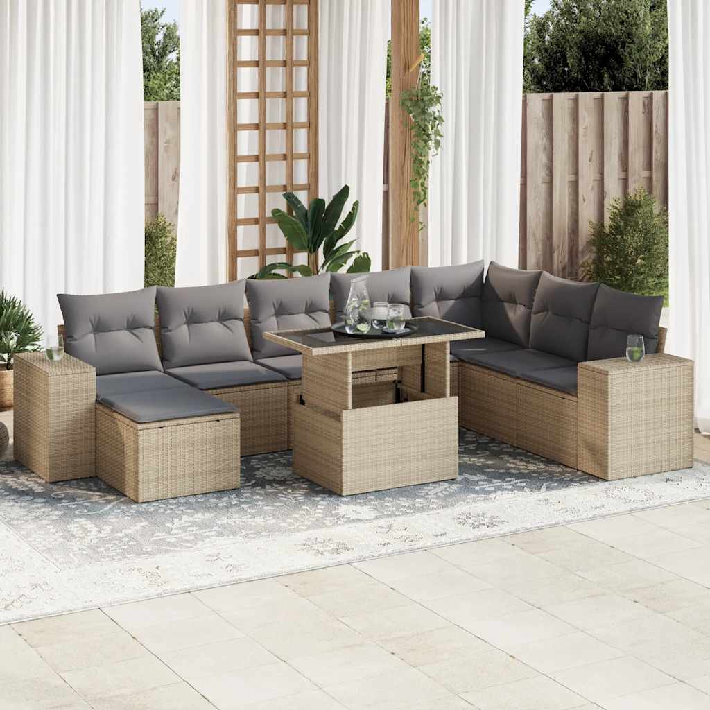 9-tlg. Garten-Sofagarnitur mit Kissen Schwarz Poly Rattan