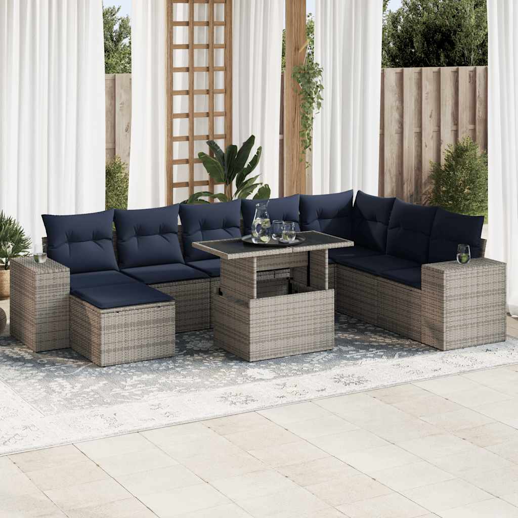 9-teiliges Gartensofa-Set mit Kissen, schwarzes Polyrattan