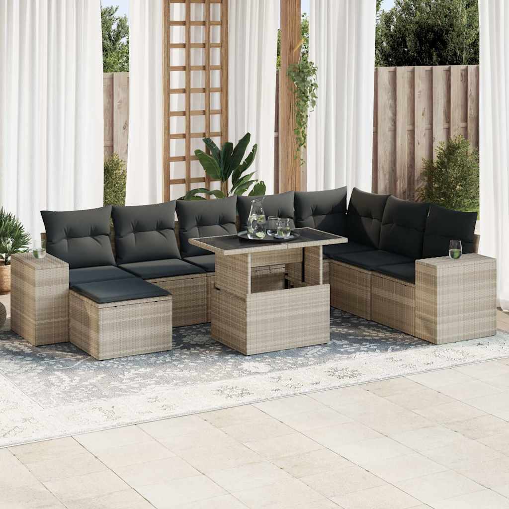 9-tlg. Garten-Sofagarnitur mit Kissen Schwarz Poly Rattan