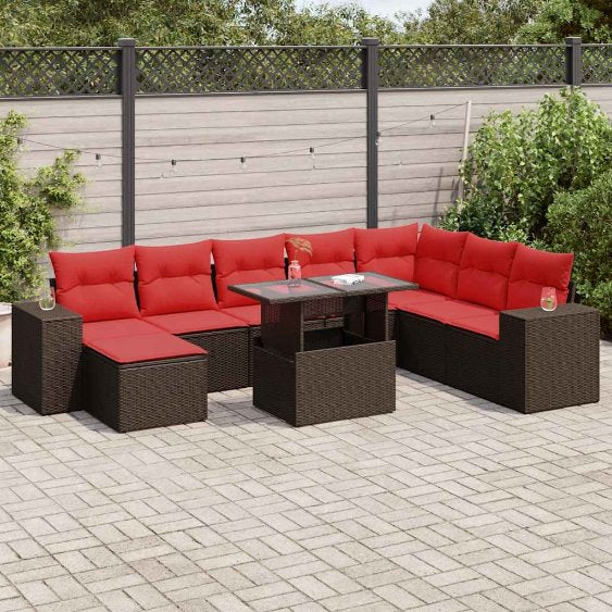 9-teiliges Gartensofa-Set mit Kissen, schwarzes Polyrattan