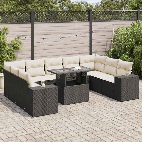 vidaXL 10-tlg. Garten-Sofagarnitur mit Kissen Schwarz Poly Rattan
