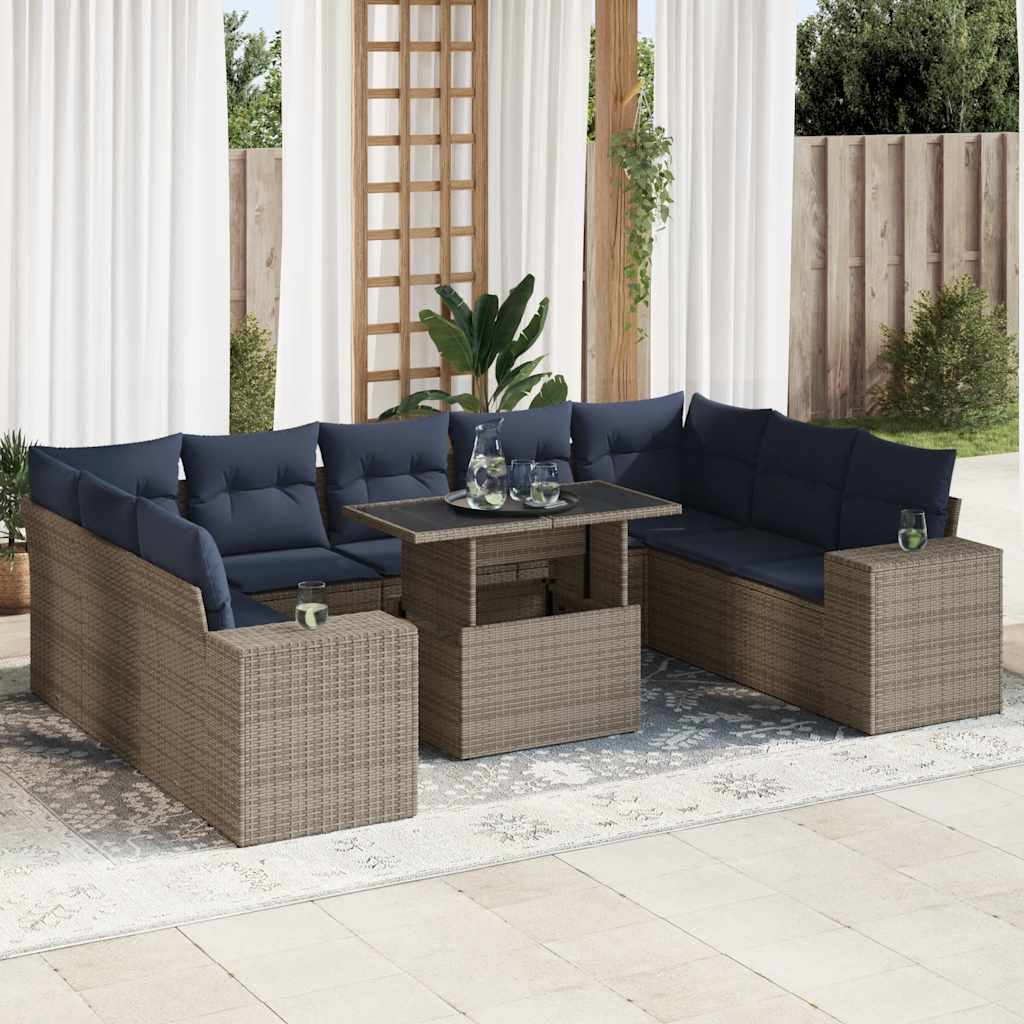 vidaXL 10-teiliges Gartensofa-Set mit Kissen, schwarzes Polyrattan