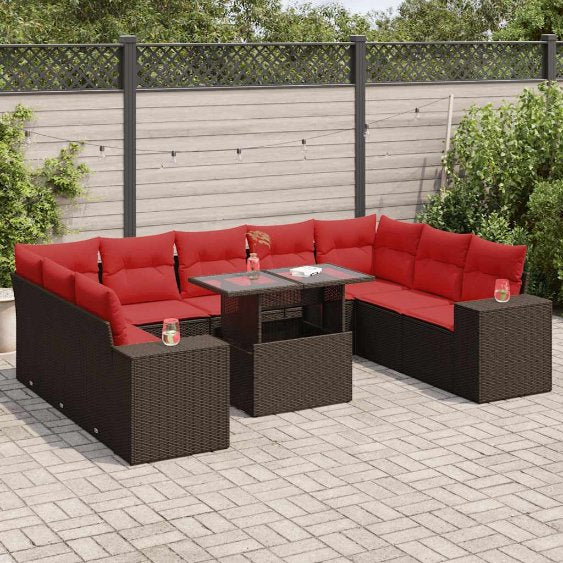 vidaXL 10-teiliges Gartensofa-Set mit Kissen, schwarzes Polyrattan