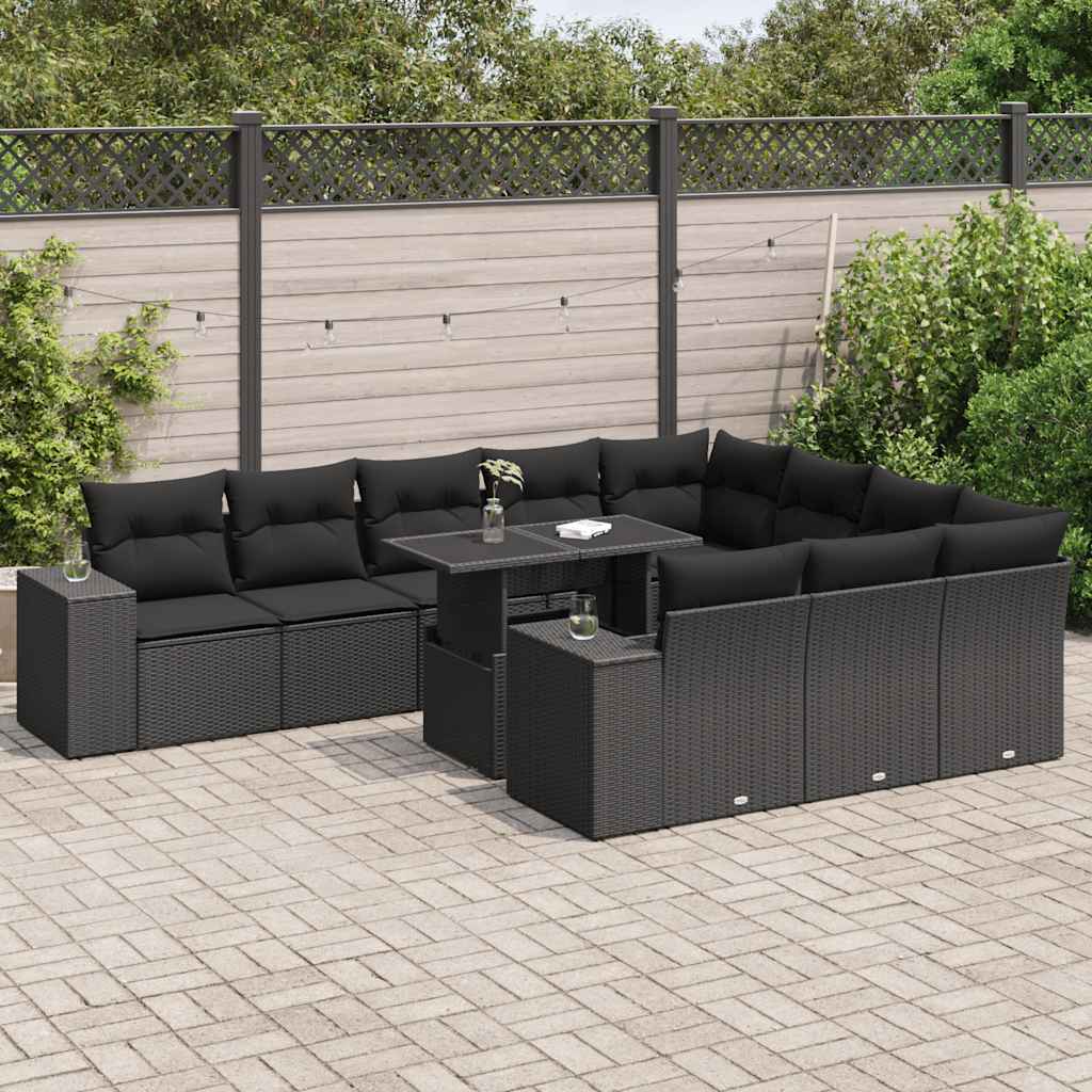 vidaXL 11-tlg. Garten-Sofagarnitur mit Kissen Schwarz Poly Rattan