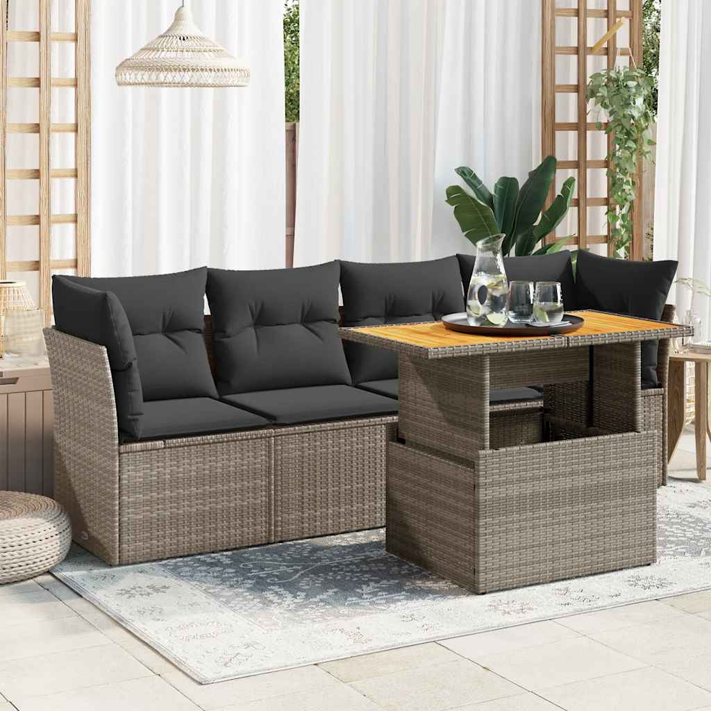 5-tlg. Garten-Sofagarnitur mit Kissen Schwarz Poly Rattan