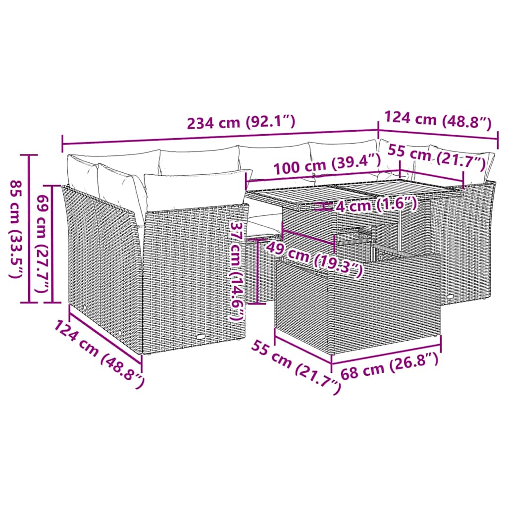 7-tlg. Garten-Sofagarnitur mit Kissen Schwarz Poly Rattan