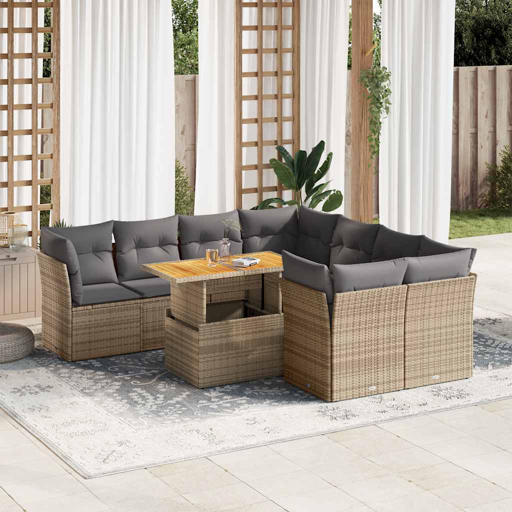 9-tlg. Garten-Sofagarnitur mit Kissen Schwarz Poly Rattan