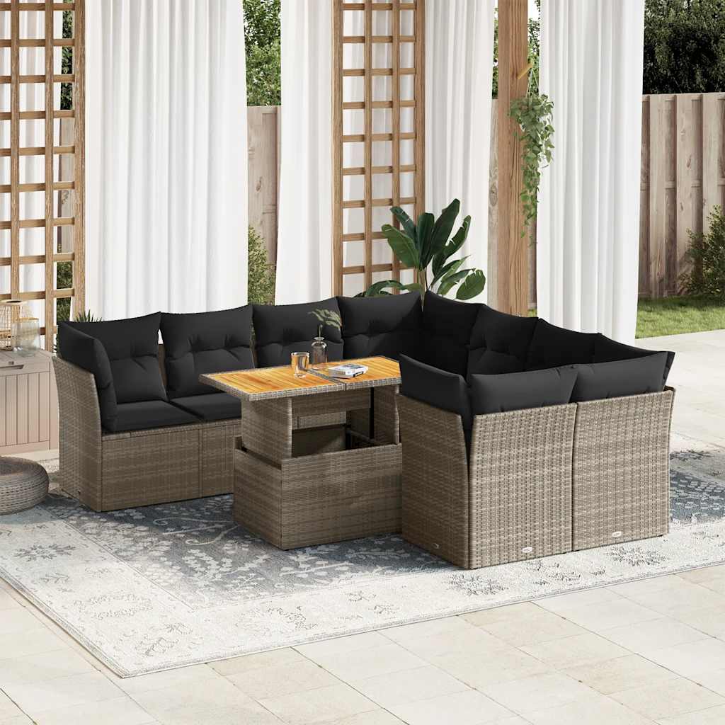 9-tlg. Garten-Sofagarnitur mit Kissen Schwarz Poly Rattan