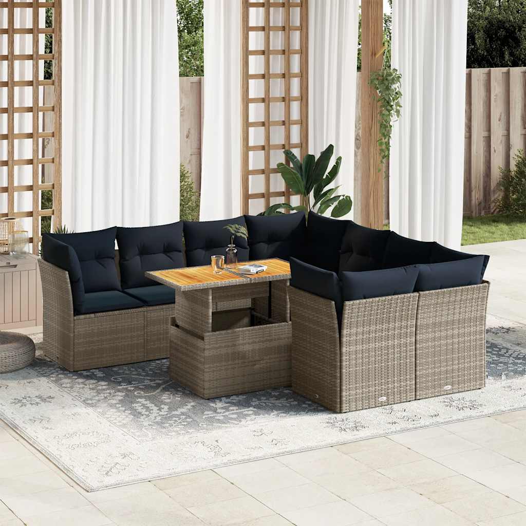 9-tlg. Garten-Sofagarnitur mit Kissen Schwarz Poly Rattan