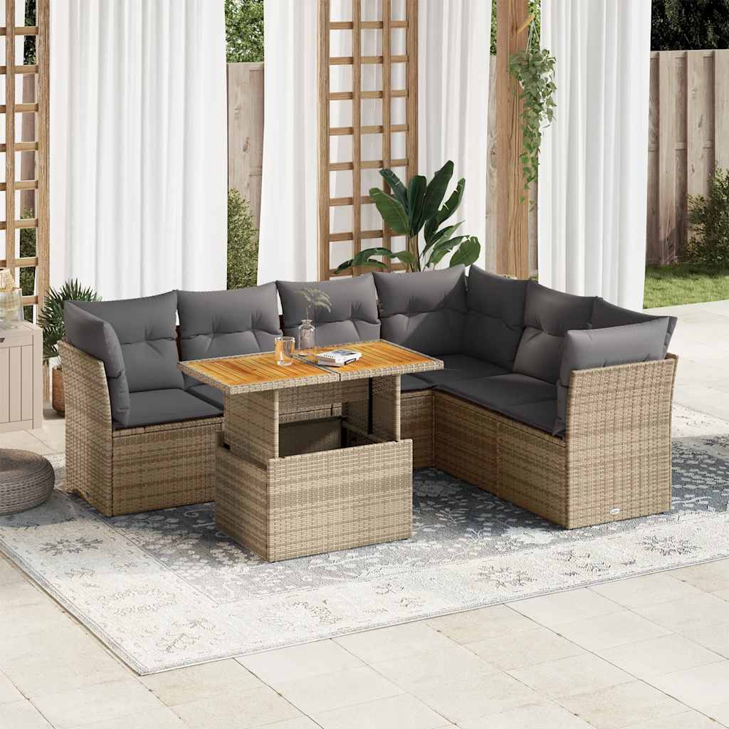 7-tlg. Garten-Sofagarnitur mit Kissen Schwarz Poly Rattan