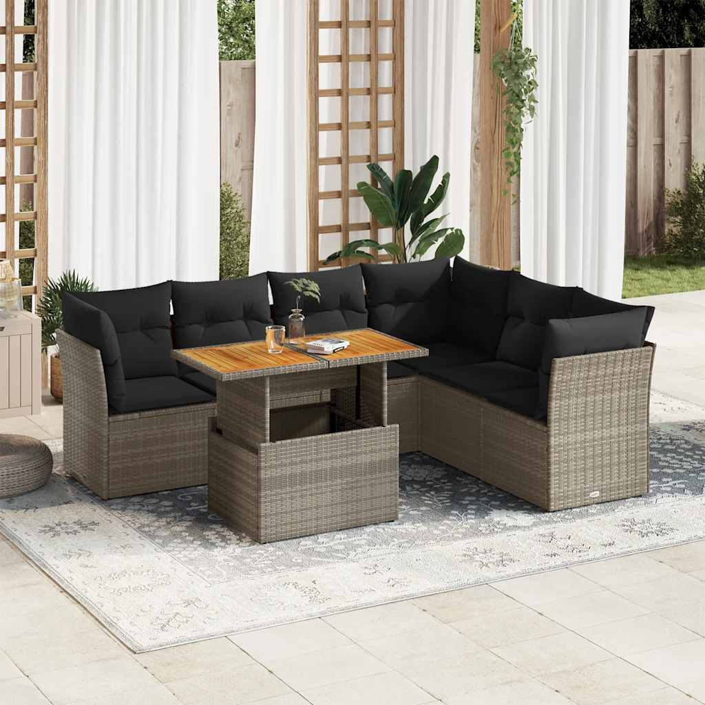 7-tlg. Garten-Sofagarnitur mit Kissen Schwarz Poly Rattan