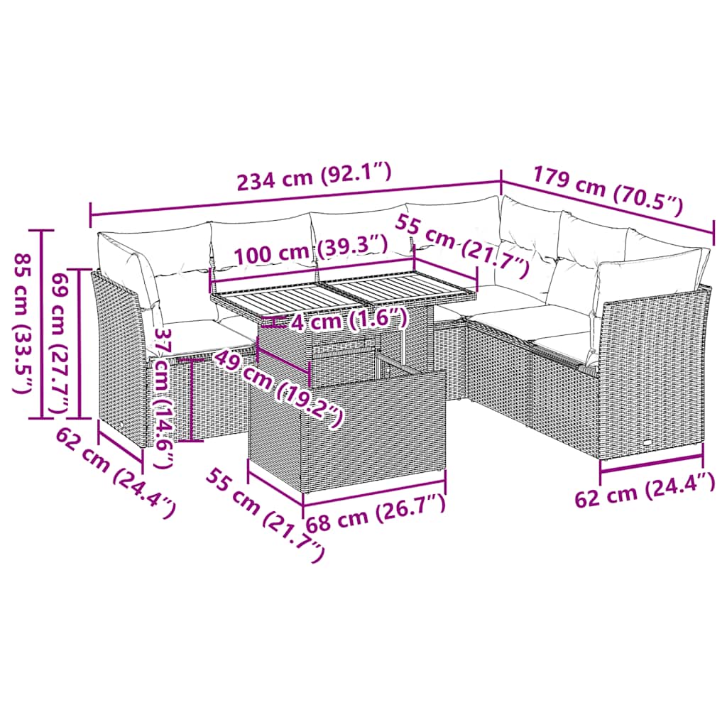 7-tlg. Garten-Sofagarnitur mit Kissen Grau Poly Rattan
