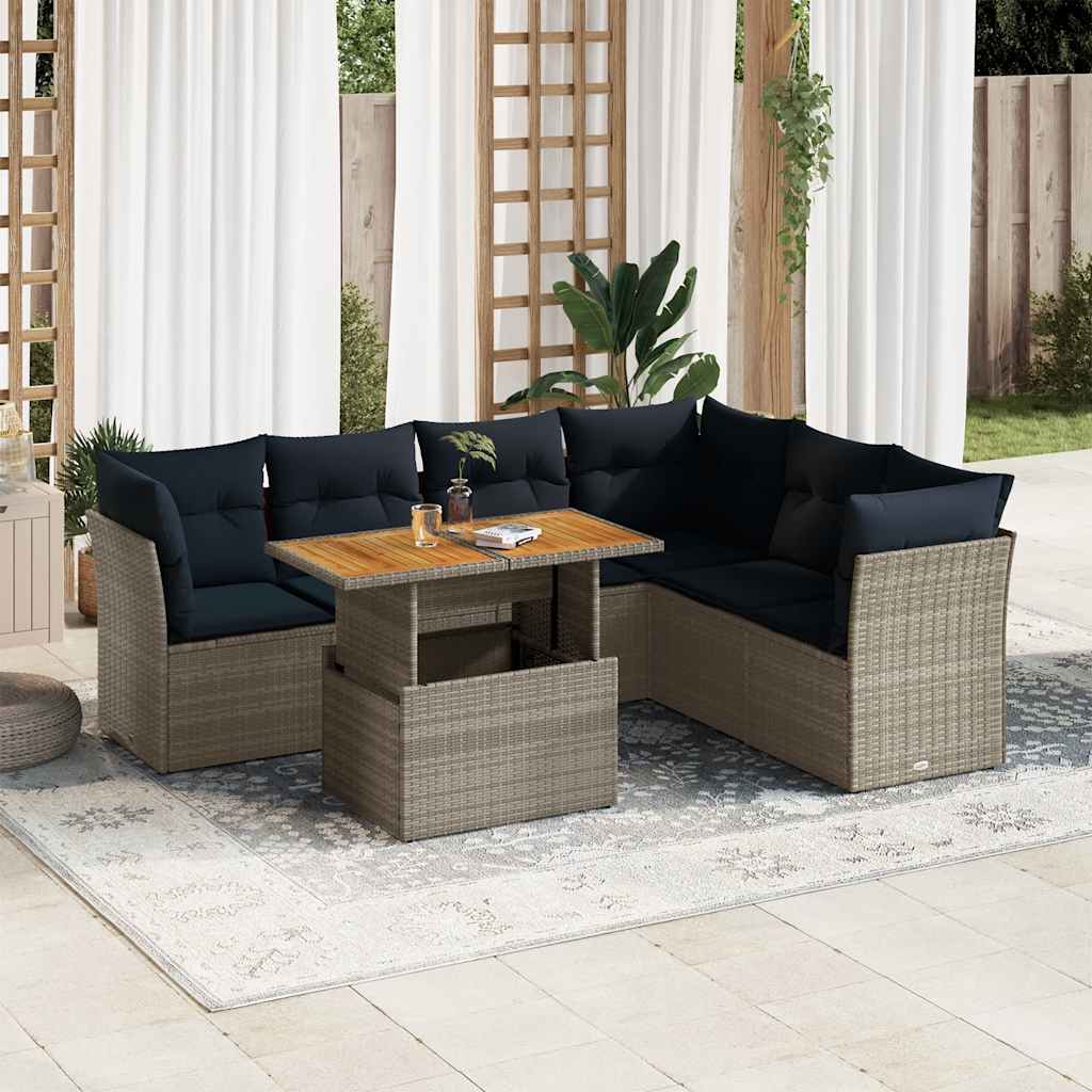 7-tlg. Garten-Sofagarnitur mit Kissen Grau Poly Rattan