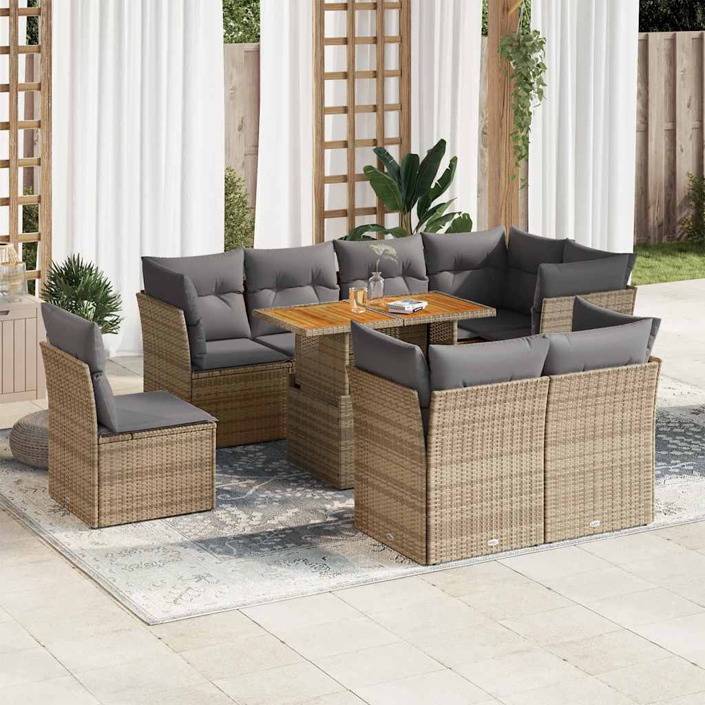 9-tlg. Garten-Sofagarnitur mit Kissen Schwarz Poly Rattan