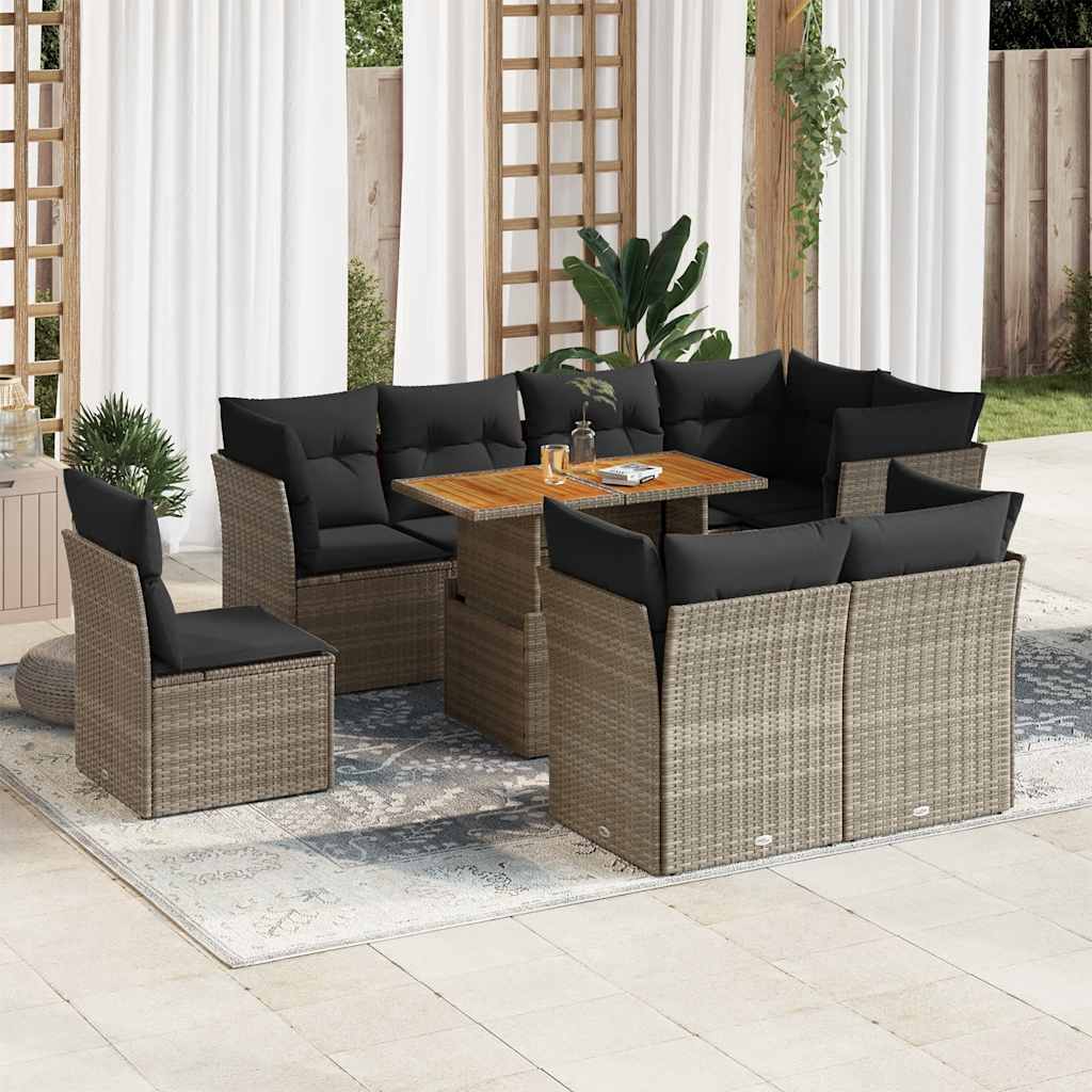 9-tlg. Garten-Sofagarnitur mit Kissen Schwarz Poly Rattan