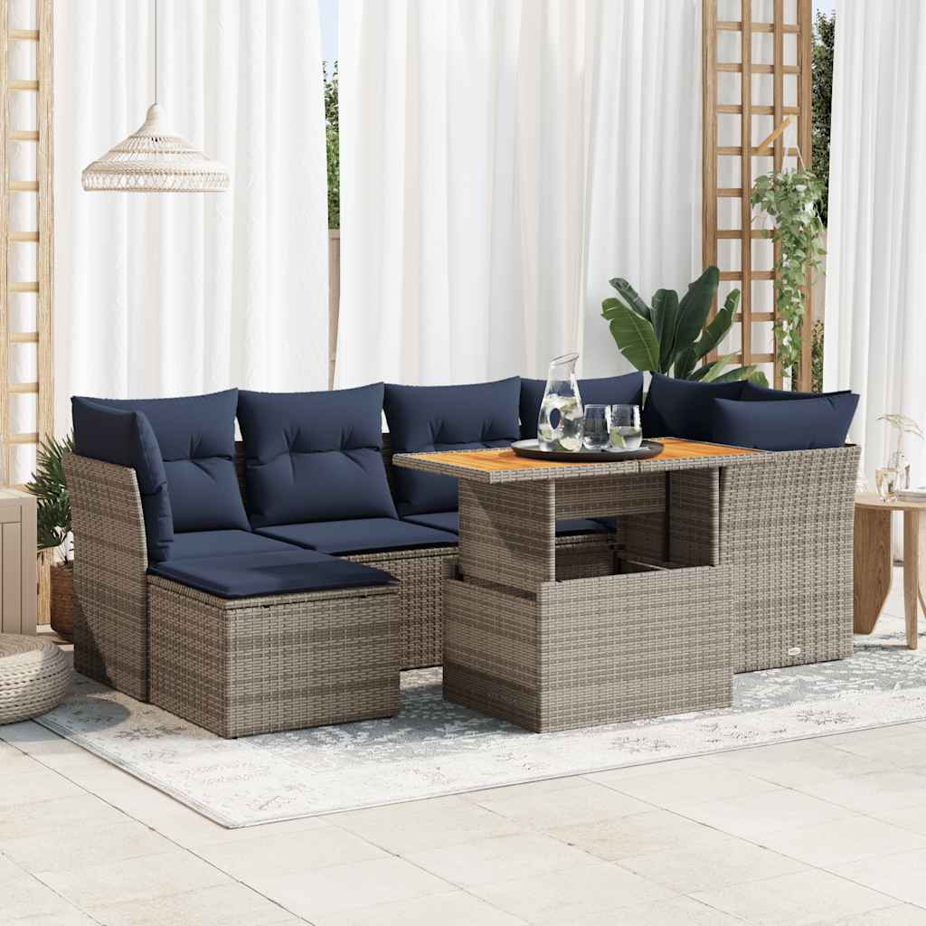 7-tlg. Garten-Sofagarnitur mit Kissen Schwarz Poly Rattan